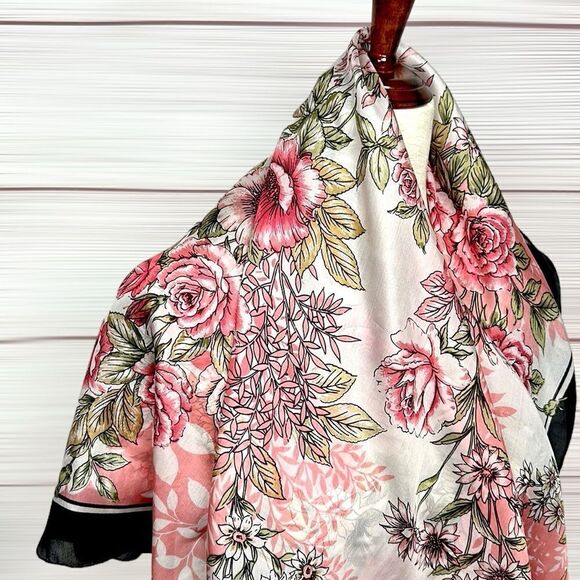 Floral Square Scarf Silky Chiffon Pink Ivory Black Trim Hand Rolled - Picture 11 of 13